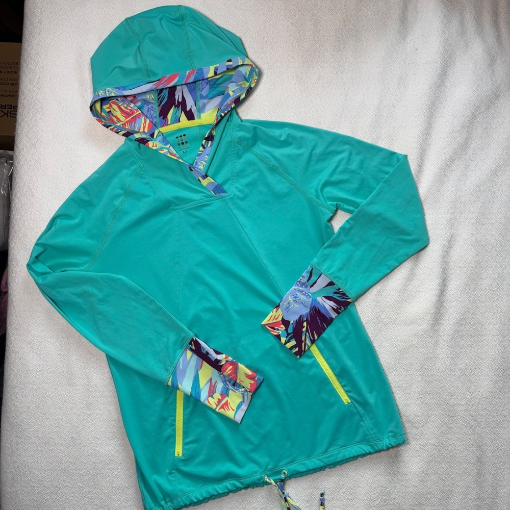 Title Nine Womens Teal Green Floral Trim Active Hoodie Thumbhole Pockets Size M